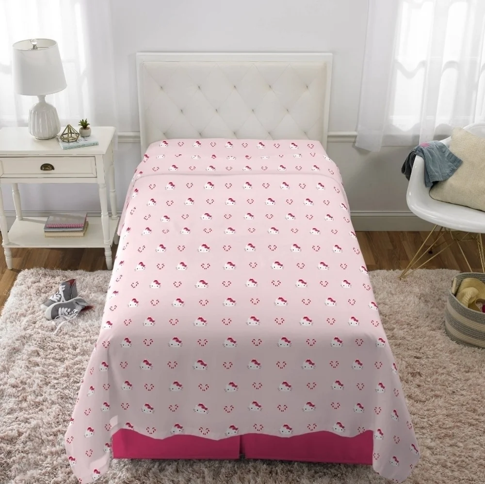 New pink Hello Kitty Twin Sheet Set Christmas candy cane Valentine's heart print